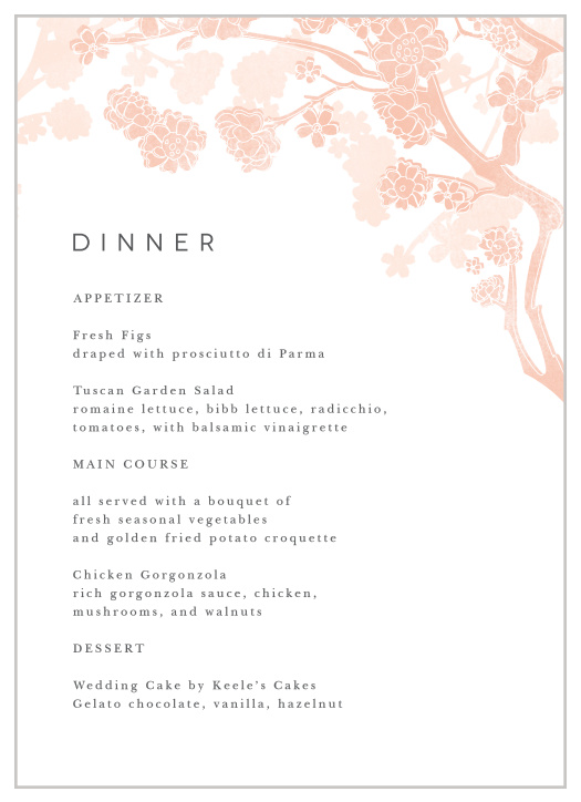 Create your dream dining experience with our Tree Blossoms Wedding Menus.