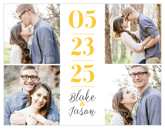 Our Bold Day Save-the-Date Cards feature space for you to showcase a photo in each corner of this unique design