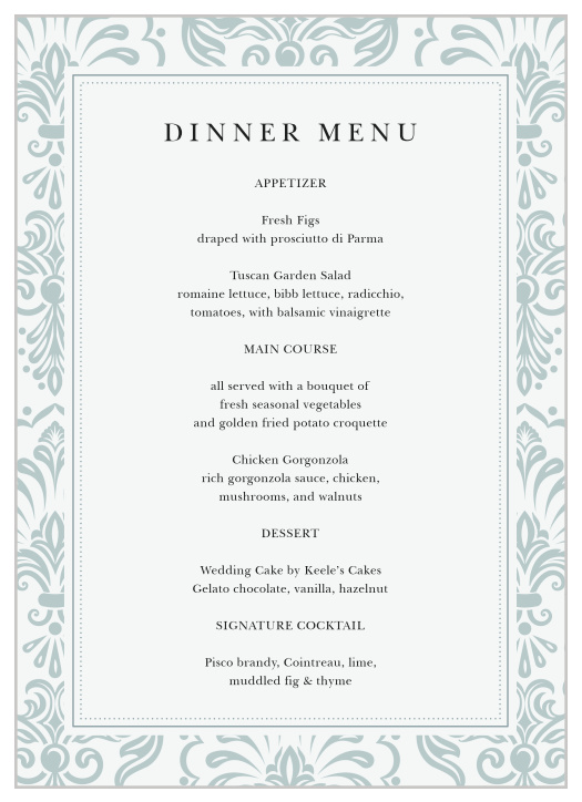 Our intricate Timeless Damask Wedding Menus are the perfect addition to every table setting!