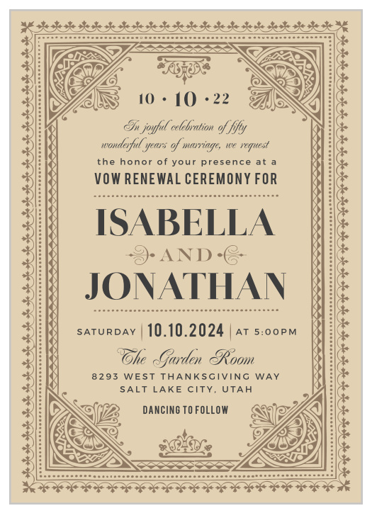 Ensure that each of your most cherished loved ones has a ticket of admission to your vow renewal with our Vintage Playbill Vow Renewal Invitations.
