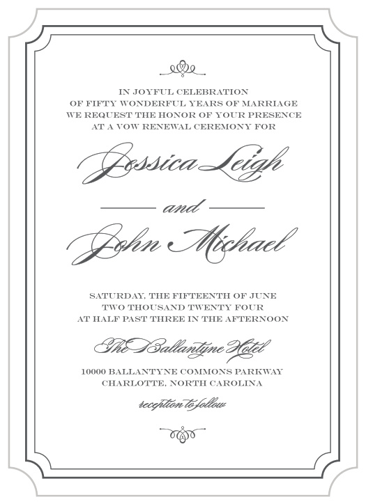 The picture-perfect image of elegance, our Refined Border Vow Renewal Invitations ensure that your guests have every detail they need in the breathtaking style you've chosen.