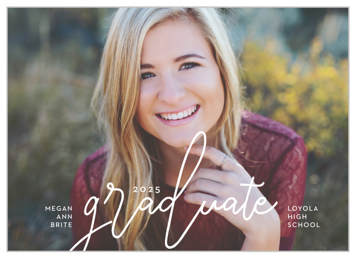 When you reach the big accomplishment of graduation, be sure to let all your friends and family know with the Playful Script Graduation Announcements!