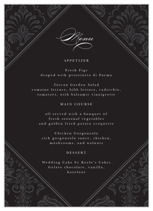 Create the ultimate dining experience with our Formal Damask Wedding Menus.