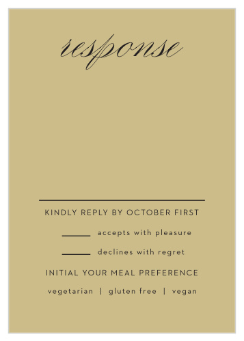 A rich gold color serves as the background of the Gilded Leaves Response Cards, further adding to the elegance of this wedding invitation package.
