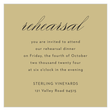 A rich gold color serves as the background of the Gilded Leaves Rehearsal Cards, further adding to the elegance of this wedding invitation package. 