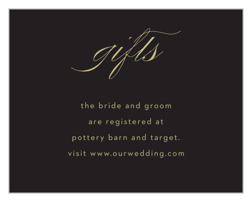 Featuring a black background and rich gold text, you'll love the beautiful elegance of the Gilded Leaves Registry Cards.