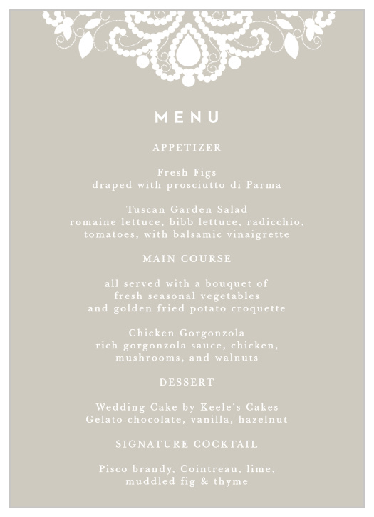 Our Old Fashioned Charm Wedding Menus let loved ones know what mouthwatering foods will be served at your reception.