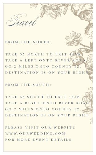 Beautiful calligraphy spells out "Travel" across the top of our Sketched Botanicals Directions Cards as drawings of flowers weave throughout the right side. 