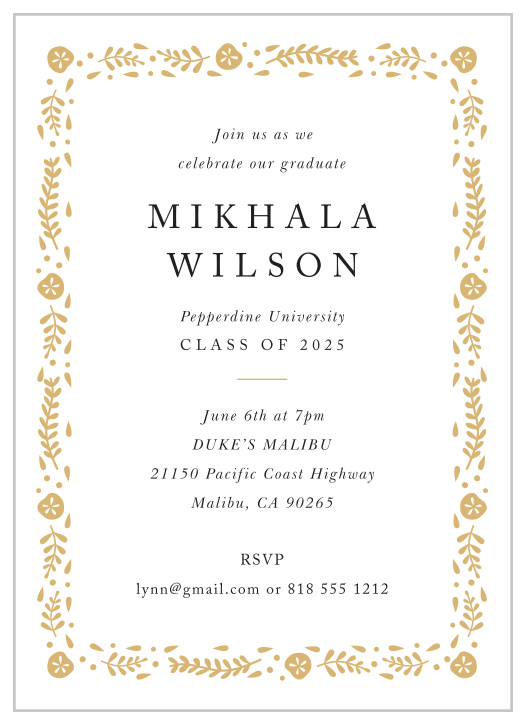 Invite your family and friends to celebrate your graduation with our Bayside Border Graduation Party Invitations!