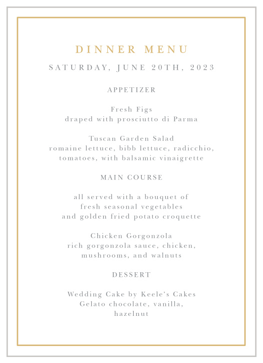 Let family and friends know what will be served at your reception with our Completely Centered Wedding Menus.