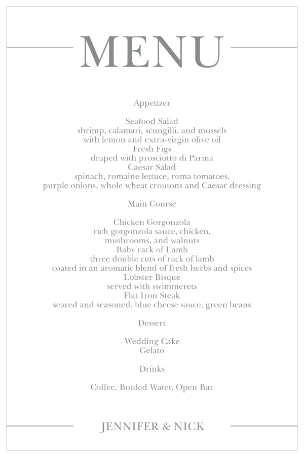 Impress your guests with the simple and bold look of Sophisticated Photo wedding menu.