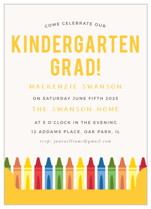 Request the presence of family and friends to join in on the celebration day with our Kindergarten Crayon Graduation Party Invitations.