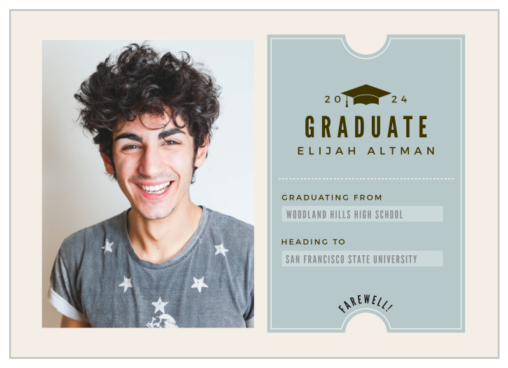 Before you head off to college, or your next pursuit in life, let your friends and family know about this big accomplishment with our Farewell Ticket Graduation Announcements!