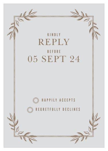 In an eye-catching reversal of this suite's typical color scheme, our MaeMae's Eden Response Cards feature a pseudo-silver background filled with your vital requests for information in a mocha color. 