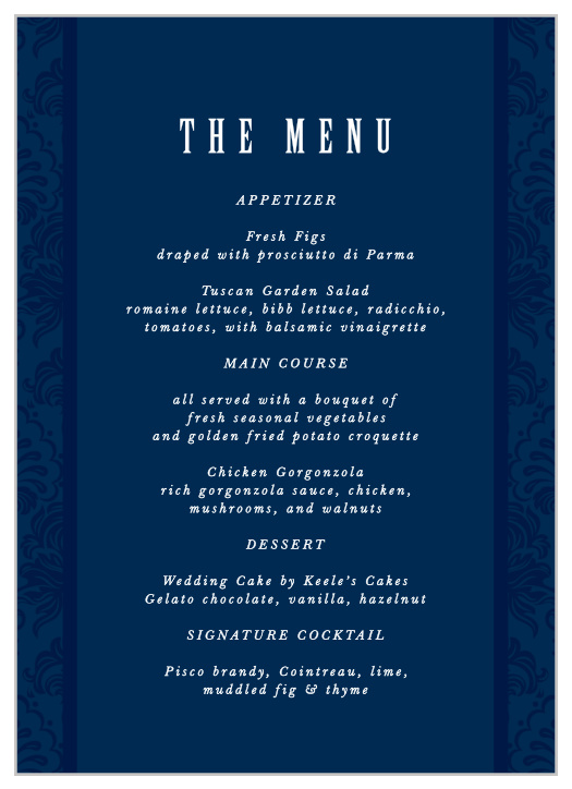 Our Ribbon and Damask wedding menu with its distinctive look matching the rest of the Ribbon and Damask invitation suite perfectly.