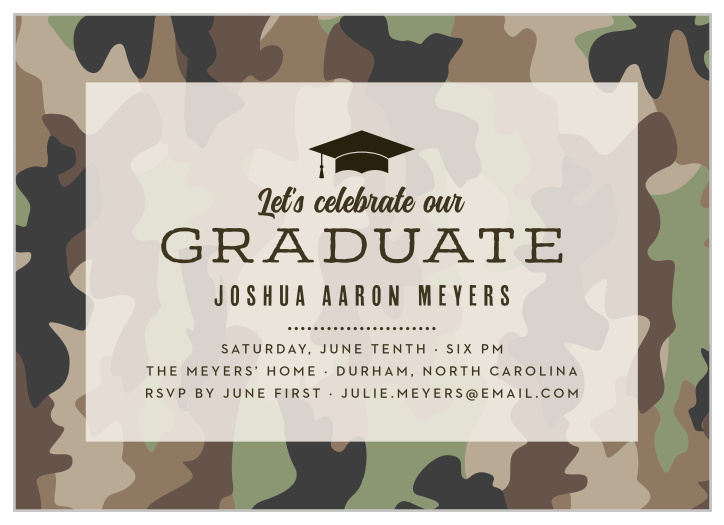 Request the presence and support of your family and friends with our Camo Celebration Graduation Party Invitations.