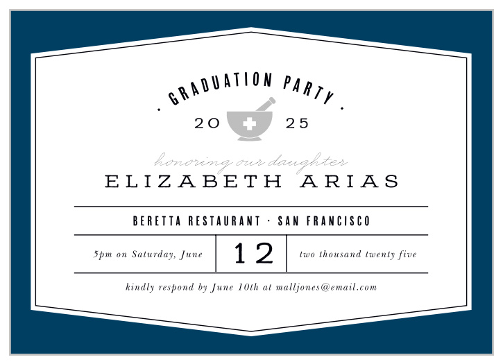 Request the presence of your family and friends to join your celebration day with our Pharmaceutical Mortar Graduation Invitations.