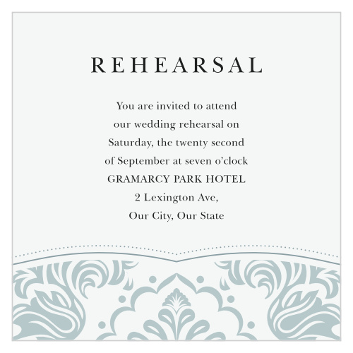 Use our Timeless Damask Rehearsal Cards to invite your loved ones to your pre-wedding celebrations!