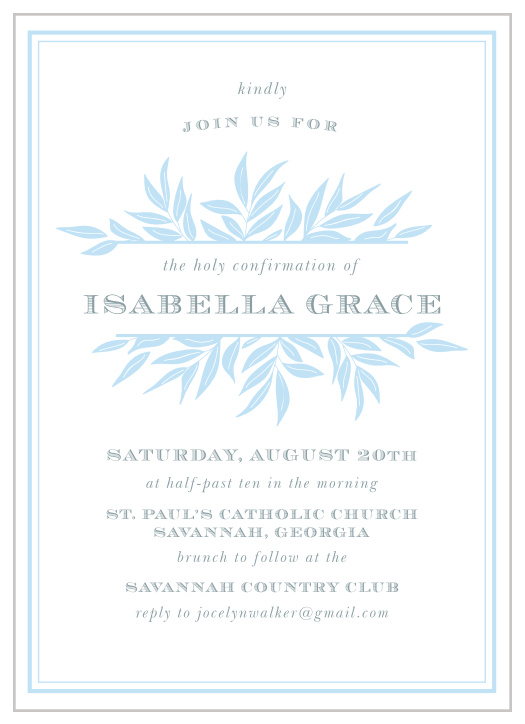 The Loose Laurels Confirmation Invitations feature a light pastel blue that perfectly matches the tone of this joyous occasion!  