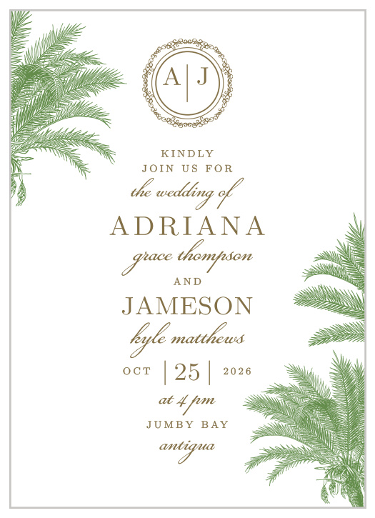 Finely drawn palms frame the text of the Caribbean Palm Wedding Invitation Suite.