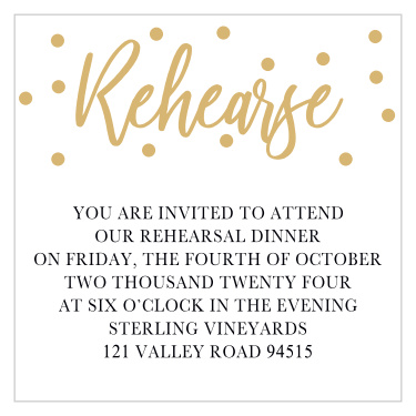 Resplendent, gold foil confetti dances at the edges of our Golden Excitement Rehearsal Cards. 