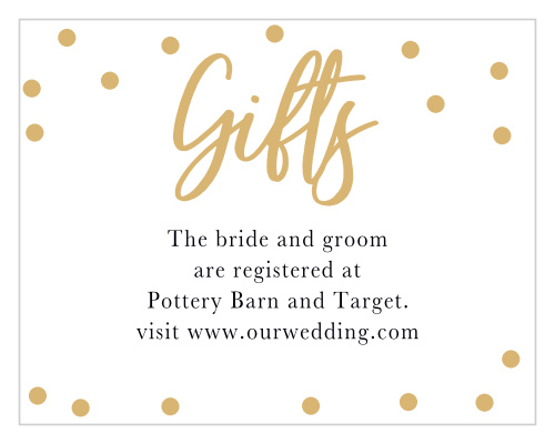 Resplendent, gold foil confetti dances at the edges of our Golden Excitement Registry Cards. 