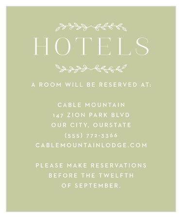 A beautiful, earthy green color serves as the background of our Leafy Accents Accommodation Cards!