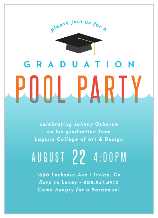 Submerge your guests in food and festivities in honor of your achievements with our Pool Dive Graduation Party Invitations!