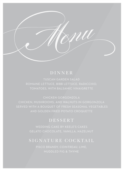 Offer up every delicious and delectable meal option to your guests with the classic style of our Simplicity Swirls Clear Wedding Menus. 