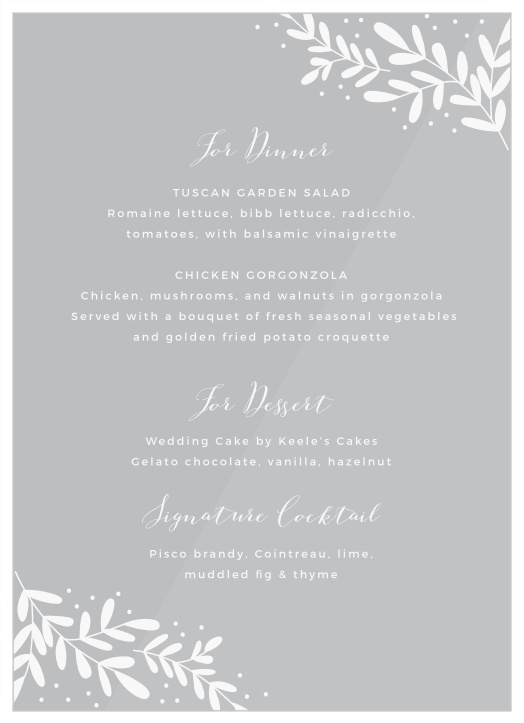 Our Garden leaves Clear Wedding Menus are an elegant way to present your dinner menu to your guests!