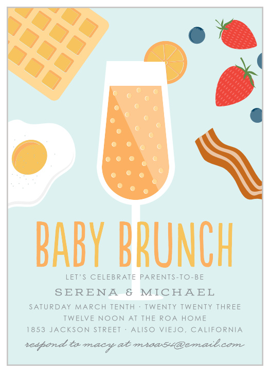 Our Parents-to-be Brunch Baby Shower Invitations feature a delicious and colorful array of eggs, fruit, waffles, bacon, and a tall glass of breakfast bubbly!