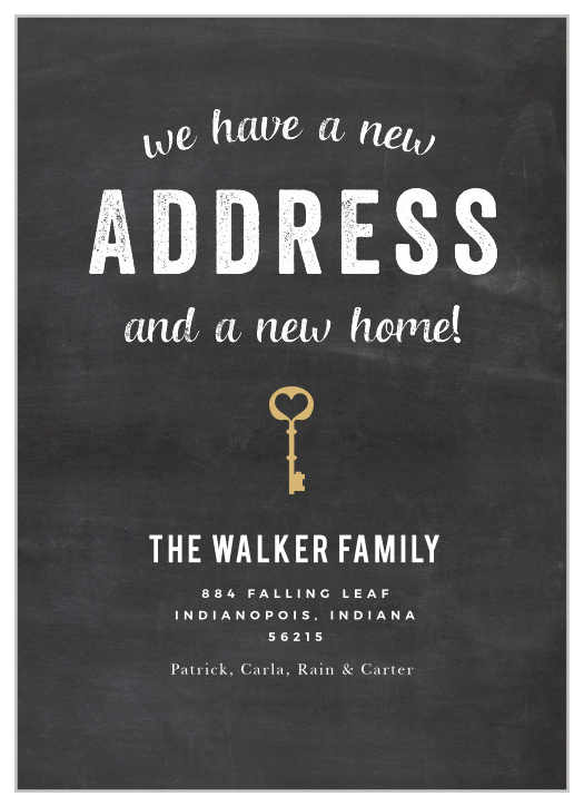 Celebrate your big move by sharing your new address with our Chalkboard Key Moving Announcements!