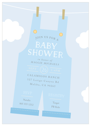 Invite your friends and family to have an overall good time with our Denim Overalls Baby Shower Invitations