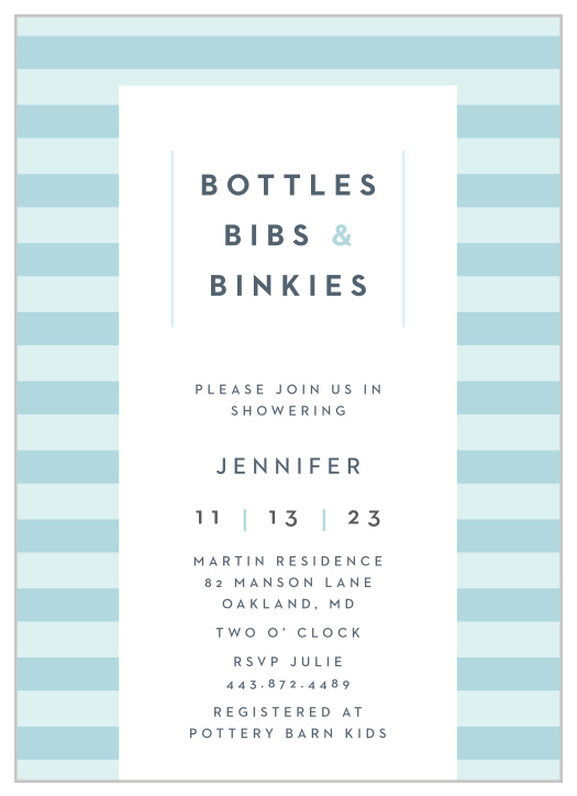 Announce your incoming arrival with the modern take on a classic look that our Bottles & Bibs Baby Shower Invitations provide.