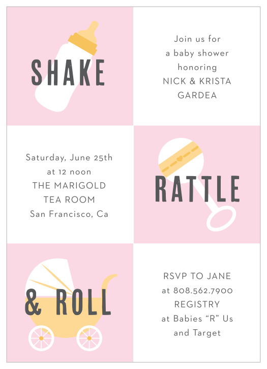 Surround yourself with your closest friends and family to celebrate your little one on the way with the chic design of our Shake Rattle & Roll Girl Baby Shower Invitations!