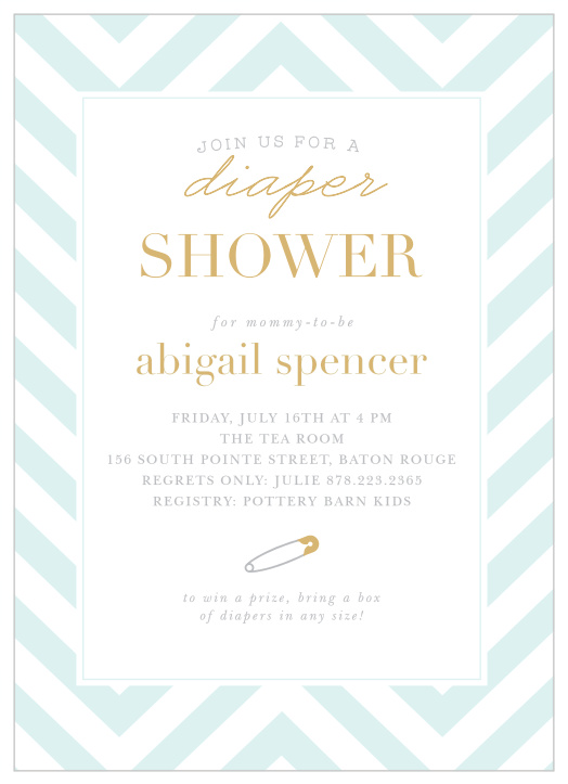 Announce your celebration of the newest member of your family on the zig-zag shine of our Diaper Delight Baby Shower Invitations.