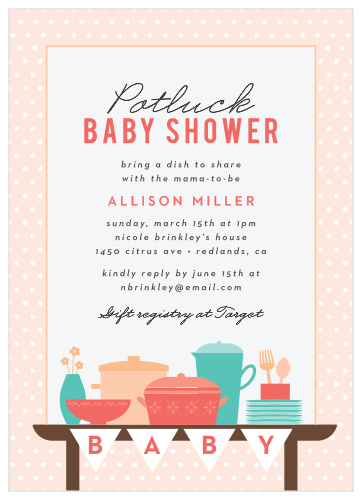 Invite your loved ones to prepare a dish and join you in celebrating the soon-to-be parents with our Potluck Table Baby Shower Invitations!