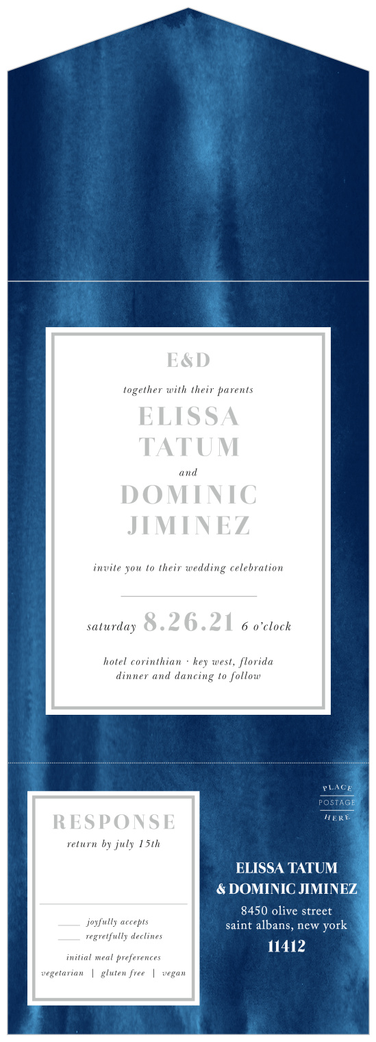 Enjoy the company of your friends and family when you use our Indigo Watercolor Seal & Send Wedding Invitation.