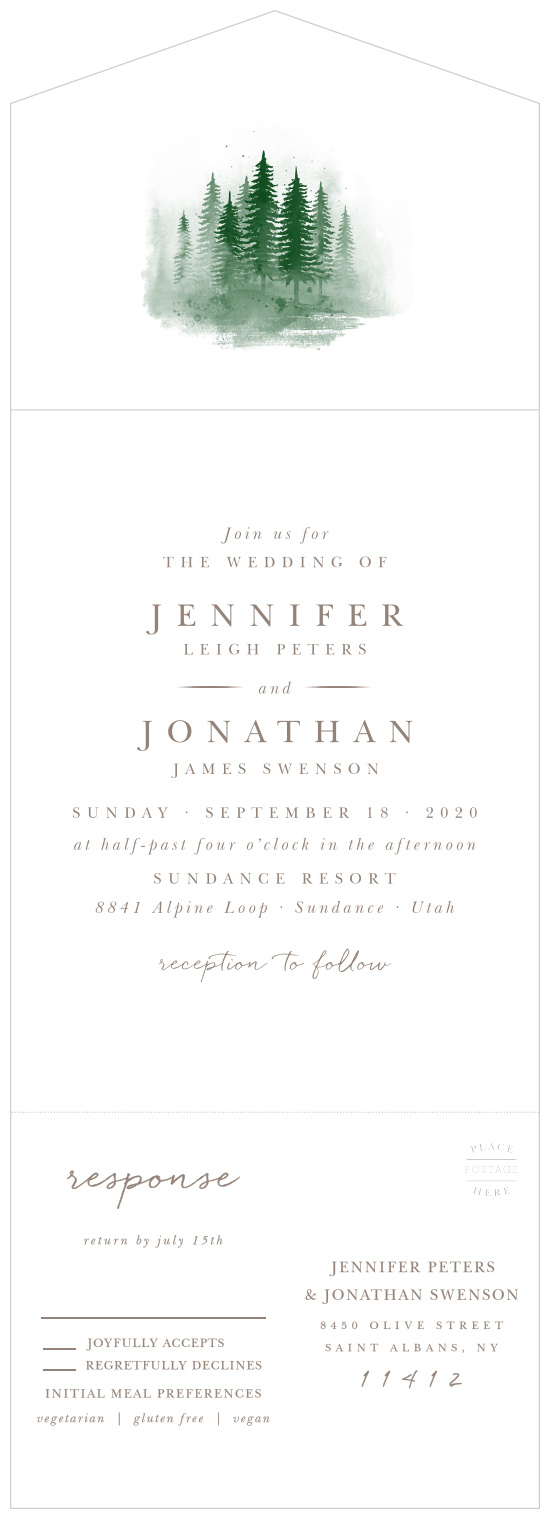 A dreamy illustration of a forest scene adorns the top of our Watercolor Pines Seal & Send Wedding Invitations.