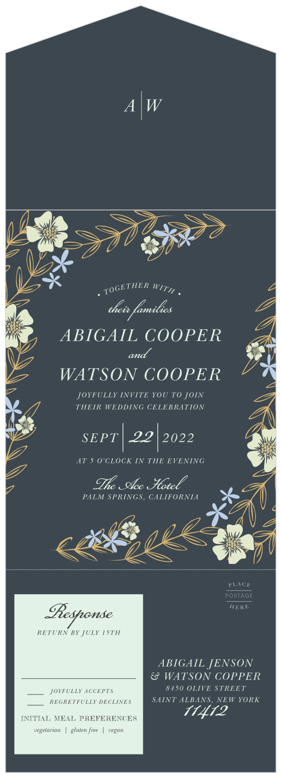 Whimsical flowers seem to sway on the Radiant Garden Seal & Send Wedding Invitations.