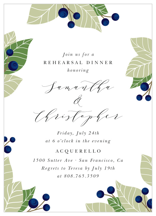 Get your friends and family 'berry' excited with our Blueberry Garden Rehearsal Dinner Invitations. 