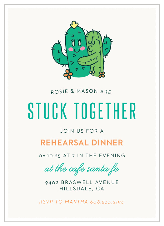 Celebrate the night before your big day with our Stuck Together Cactus Rehearsal Dinner Invitations.