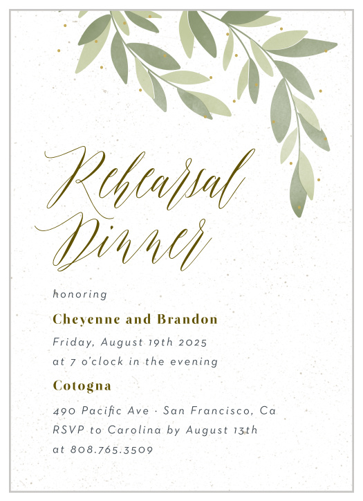 Gather together the many branches of your family and friend tree for an unforgettable night with our Draping Leaves Rehearsal Dinner Invitations.