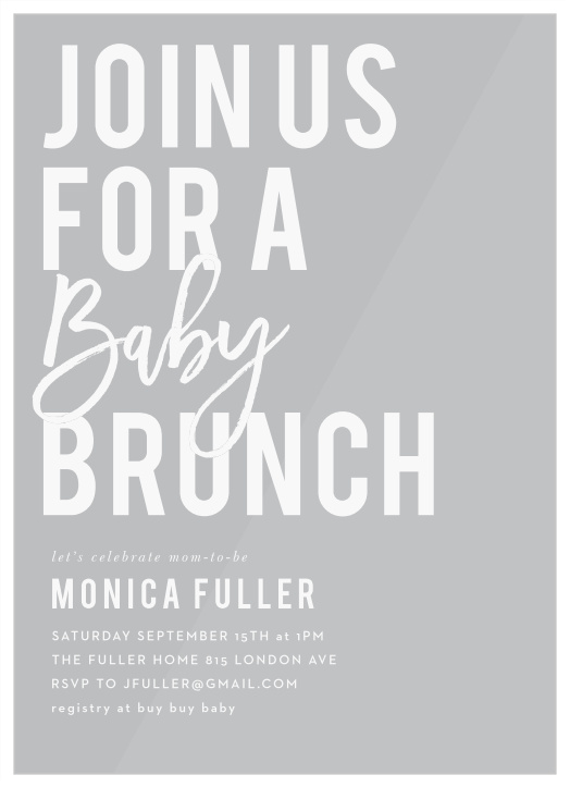 Get together with your friends and family to celebrate the newest member of the gang with our Bold Brunch Baby Shower Invitations.