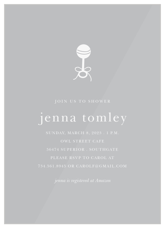 Our Golden Rattle Clear Baby Shower Invitations feature a simple design that makes a big impact.
