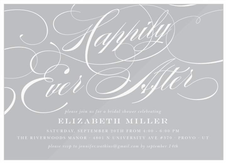 Featuring incredibly intricate calligraphy as their primary design focus, our Happily Ever After Clear Bridal Shower Invitations are sure to have your friends and family lining up for entry to your bridal shower.