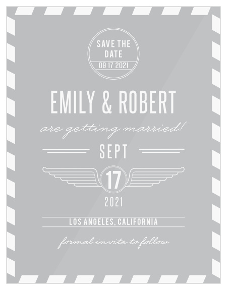 Provide the details for your unforgettable wedding day on our equally elegant Unique Airmail Clear Save-the-Date Cards.