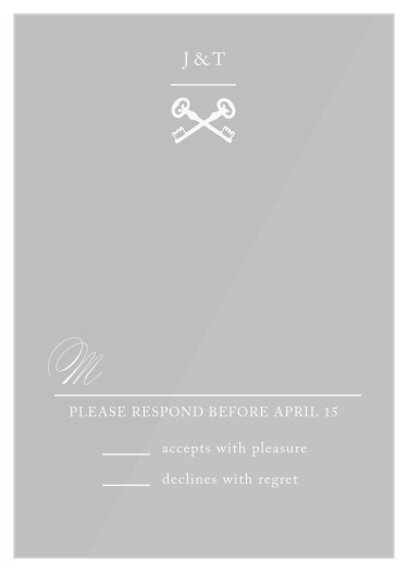 A simple monogram with crossed keys beneath them decorates the top of the Elegant Relic Clear Response Cards.