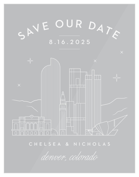 Our beautifully illustrated Denver Skyline Clear Save-the-Date Cards help you share your wedding date with the breathtaking beauty of the big city’s lights.