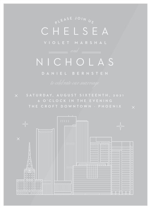 Our beautifully illustrated Phoenix Skyline Clear Wedding Invitations help you share your wedding-day details with the breathtaking beauty of the big city’s lights.